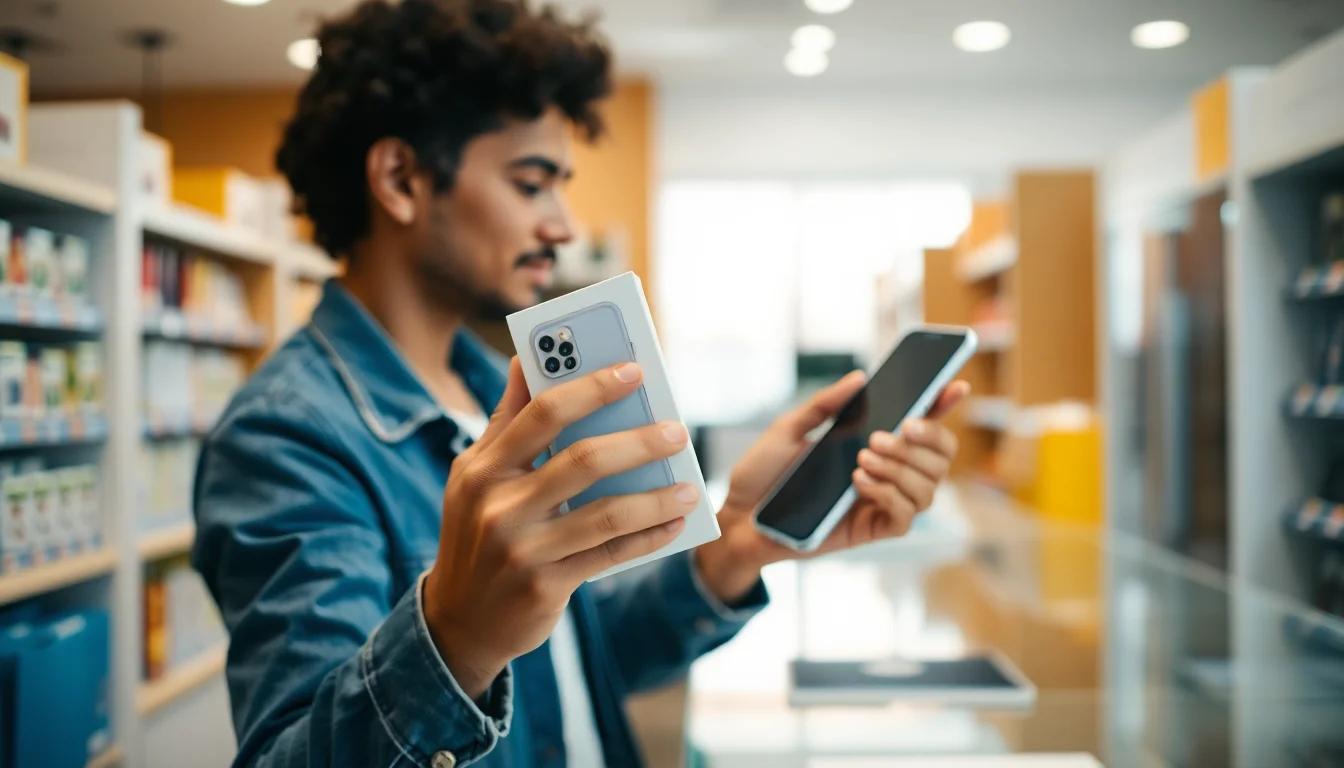 person holding smartphone in retail store comparing carrier options